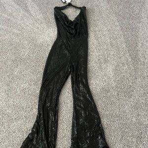 Boohoo black Sequin Halter back jumpsuit
